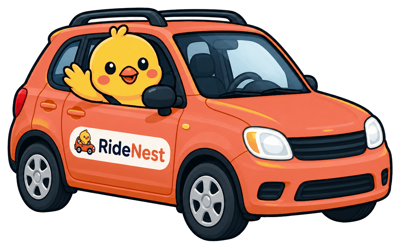 Ralphie the RideNest chick waving from an orange car