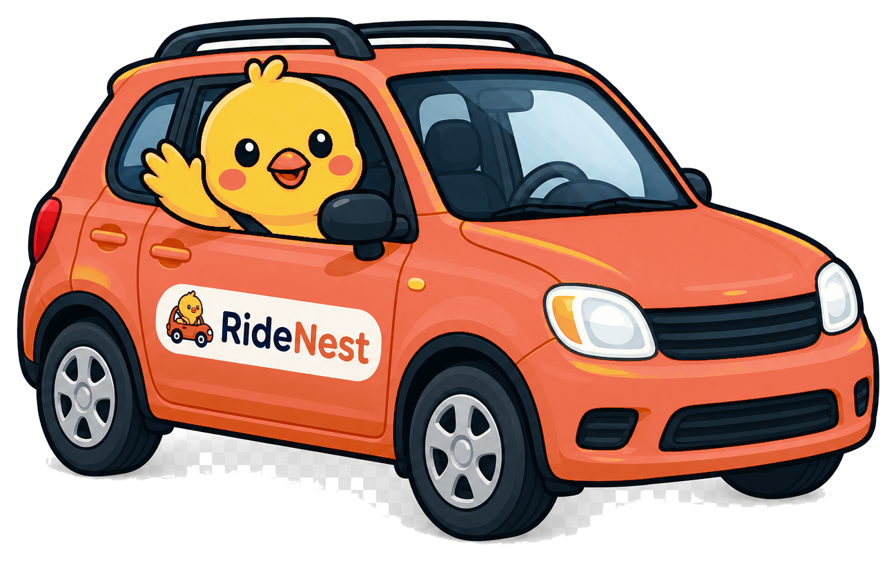 Ralphie the RideNest chick waving from an orange car