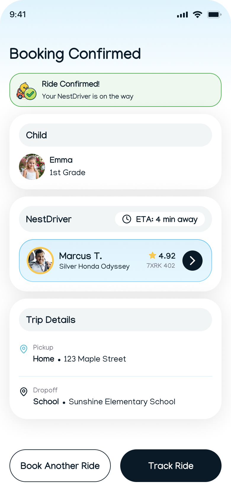 A confirmed booking in the RideNest app