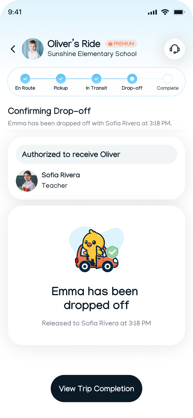 A verified drop-off confirmation in the RideNest app